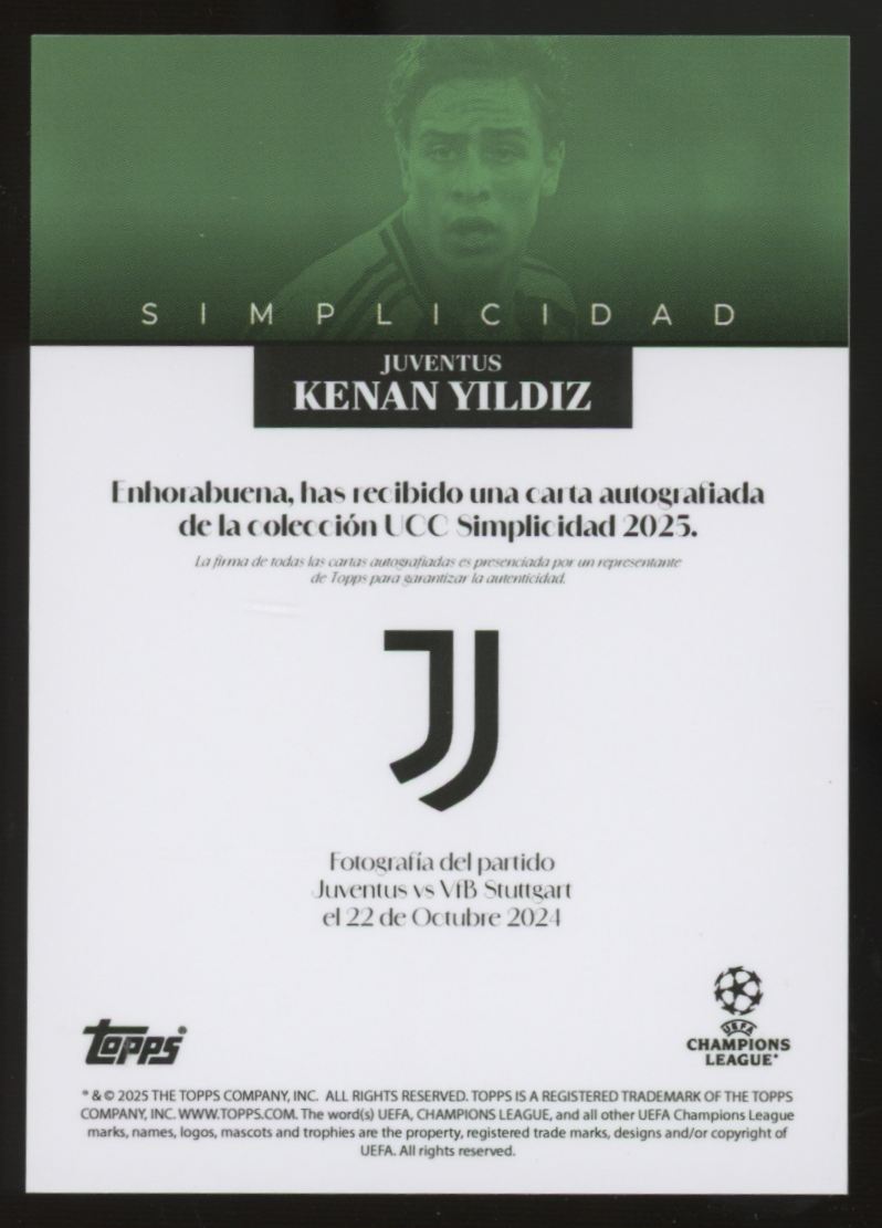 2025-26 Topps Simplicidad UEFA Club Competitions Soccer Kenan Yildiz Auto /99