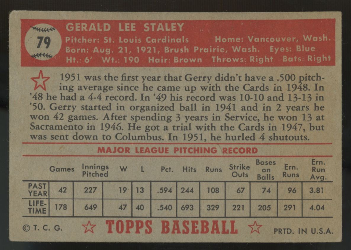 1952 Topps Gerald Staley RC #79 VG