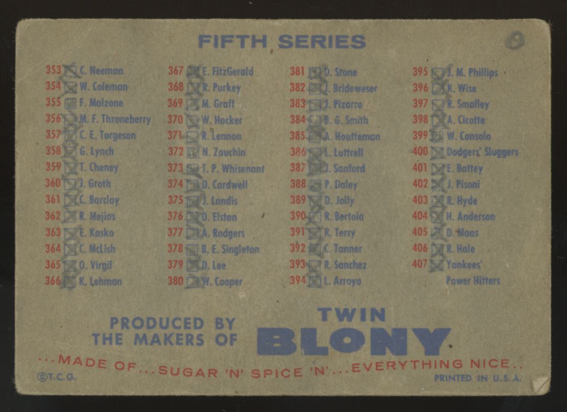 1957 Topps Fourth And Fifth Series Baseball Twin Blony Checklist Poor (Marked)