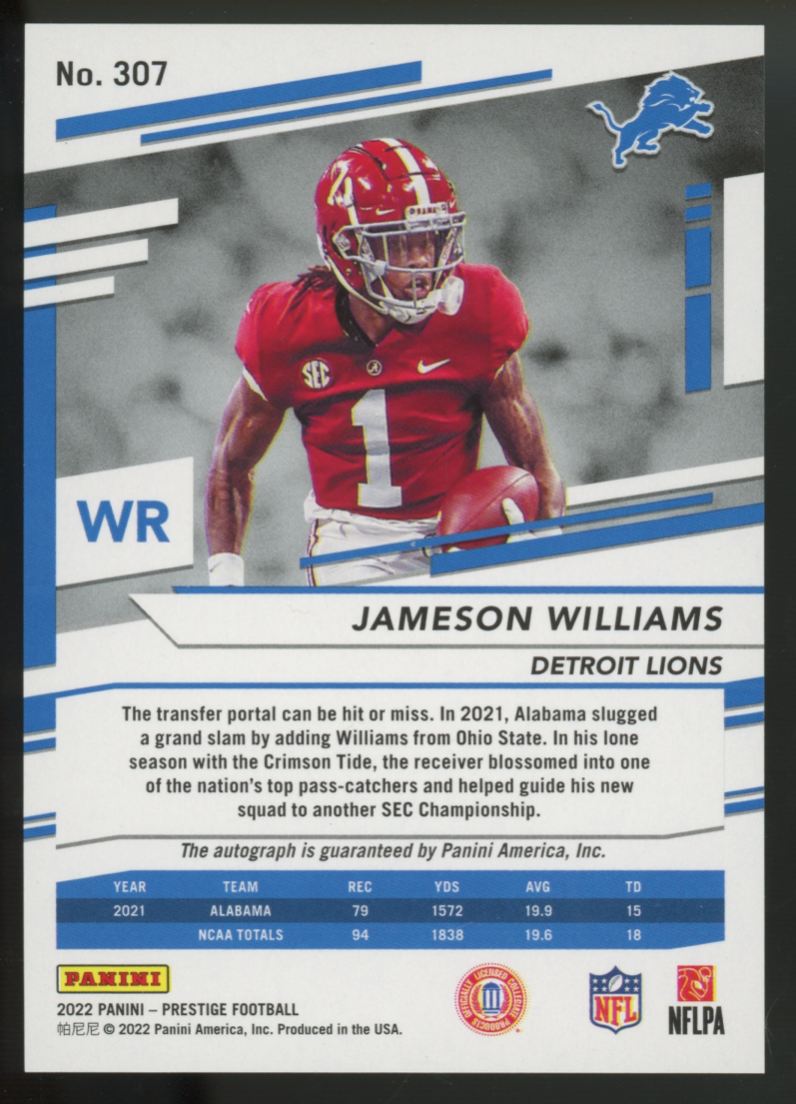 2022 Prestige Jameson Williams RC Xtra Points Gold Auto /50 #307