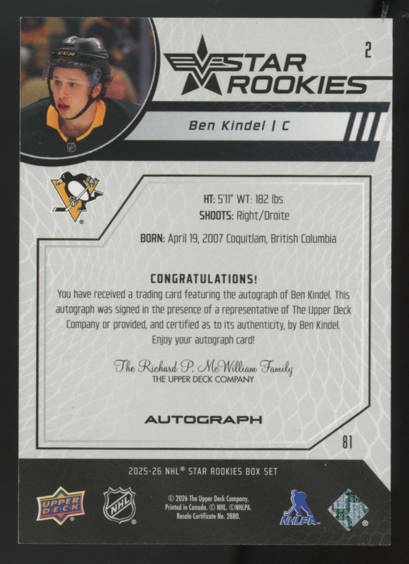 2025-26 UD NHL Star Rookies Box Set Ben Kindel RC Star Rookies Auto #2