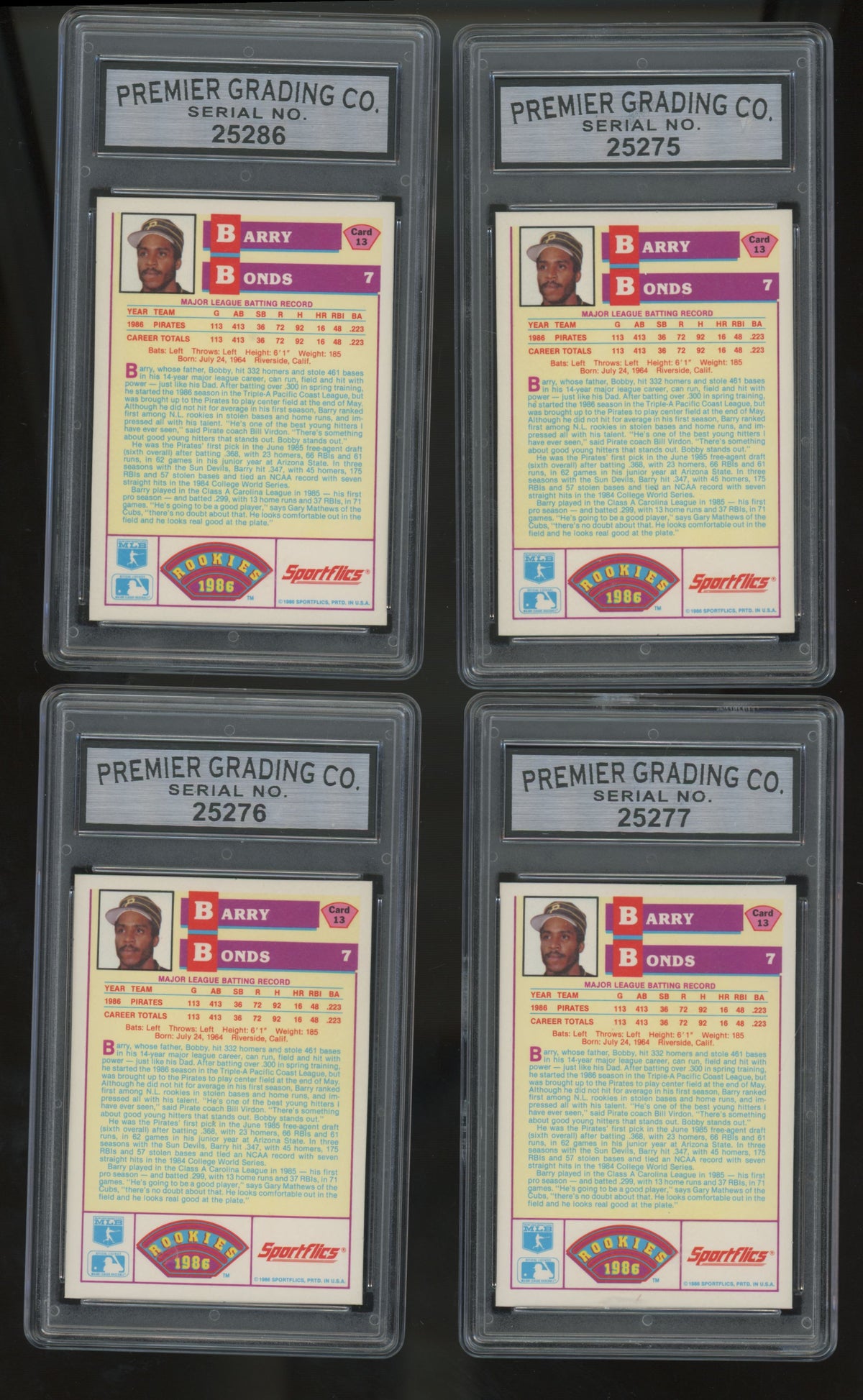 1986 Sportflics Rookies Barry Bonds RC #13 PGC 8-8.5/ PRO 9 /USA 9 (Lot Of 10)