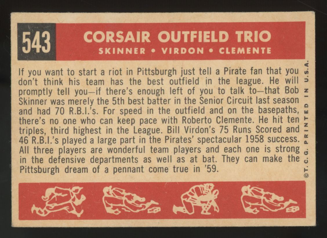 1959 Topps Roberto Clemente/Bill Virdon/Bob Skinner Corsair Outfield Trio VG/EX