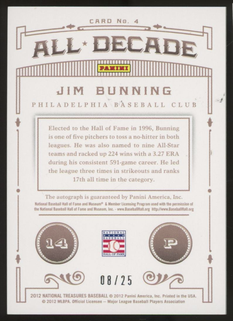 2012 National Treasures Jim Bunning 1960s All-Decade Auto /25 #4