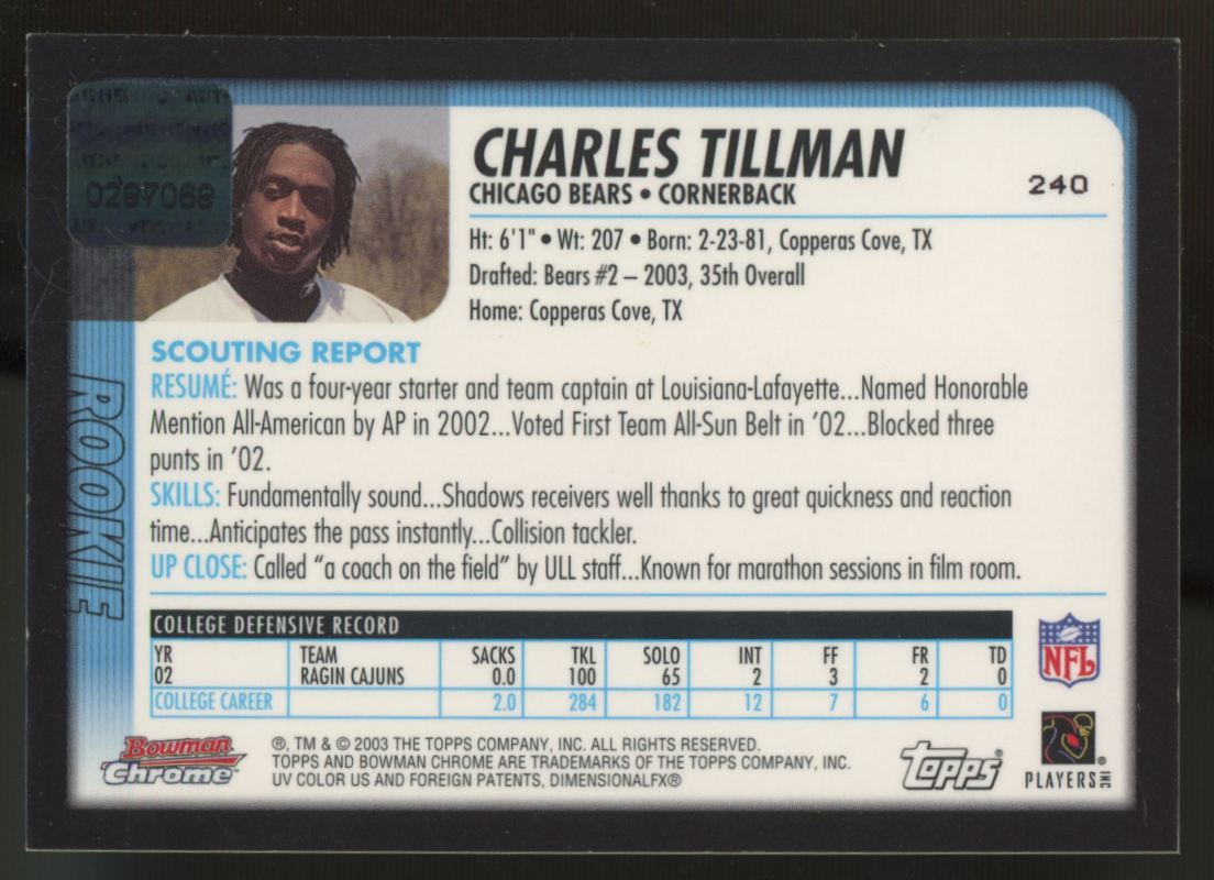 2003 Bowman Chrome Charles Tillman RC Auto #240