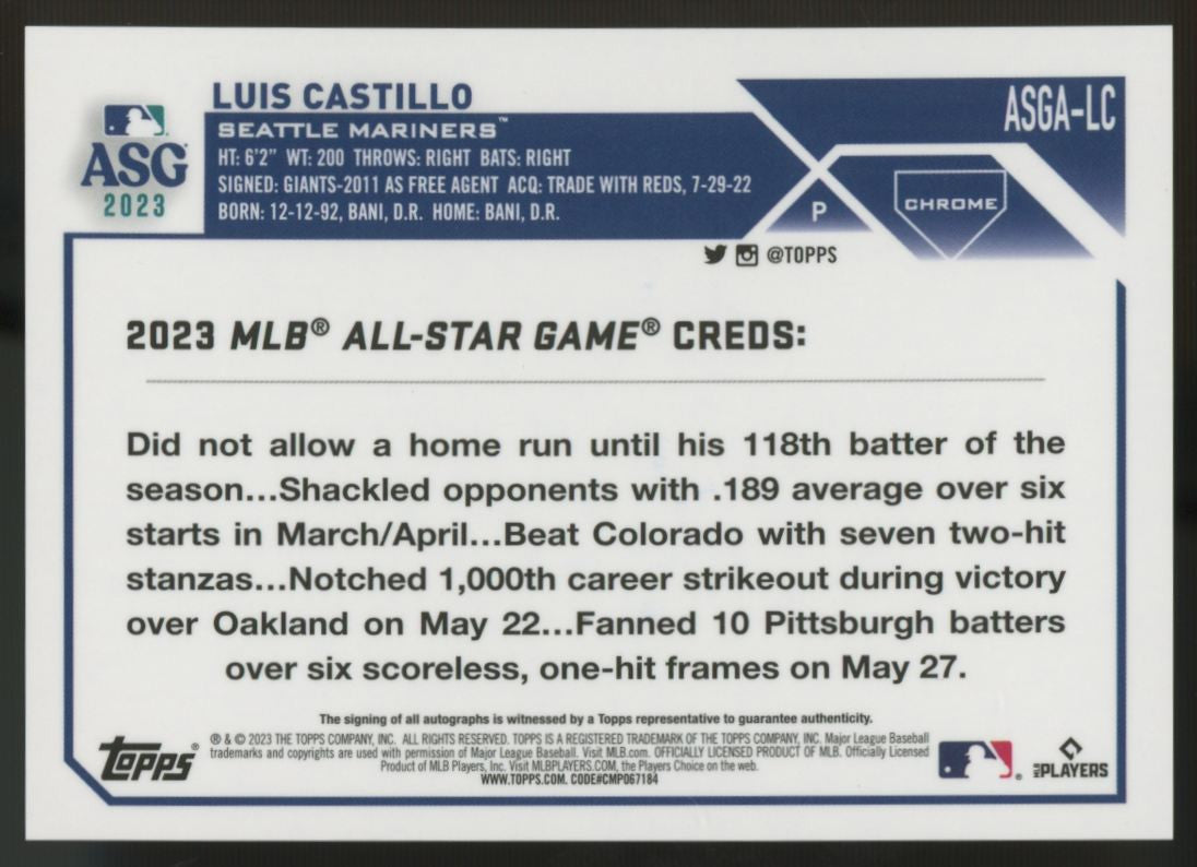 2023 Topps Chrome All Star Game Luis Castillo Refractor Auto #ASGA-LC