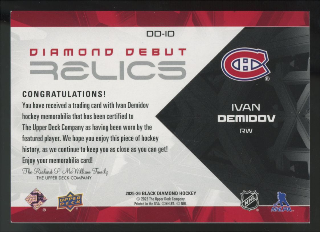 2025-26 Upper Deck Black Diamond Ivan Demidov RC Debut Patch #DD-ID