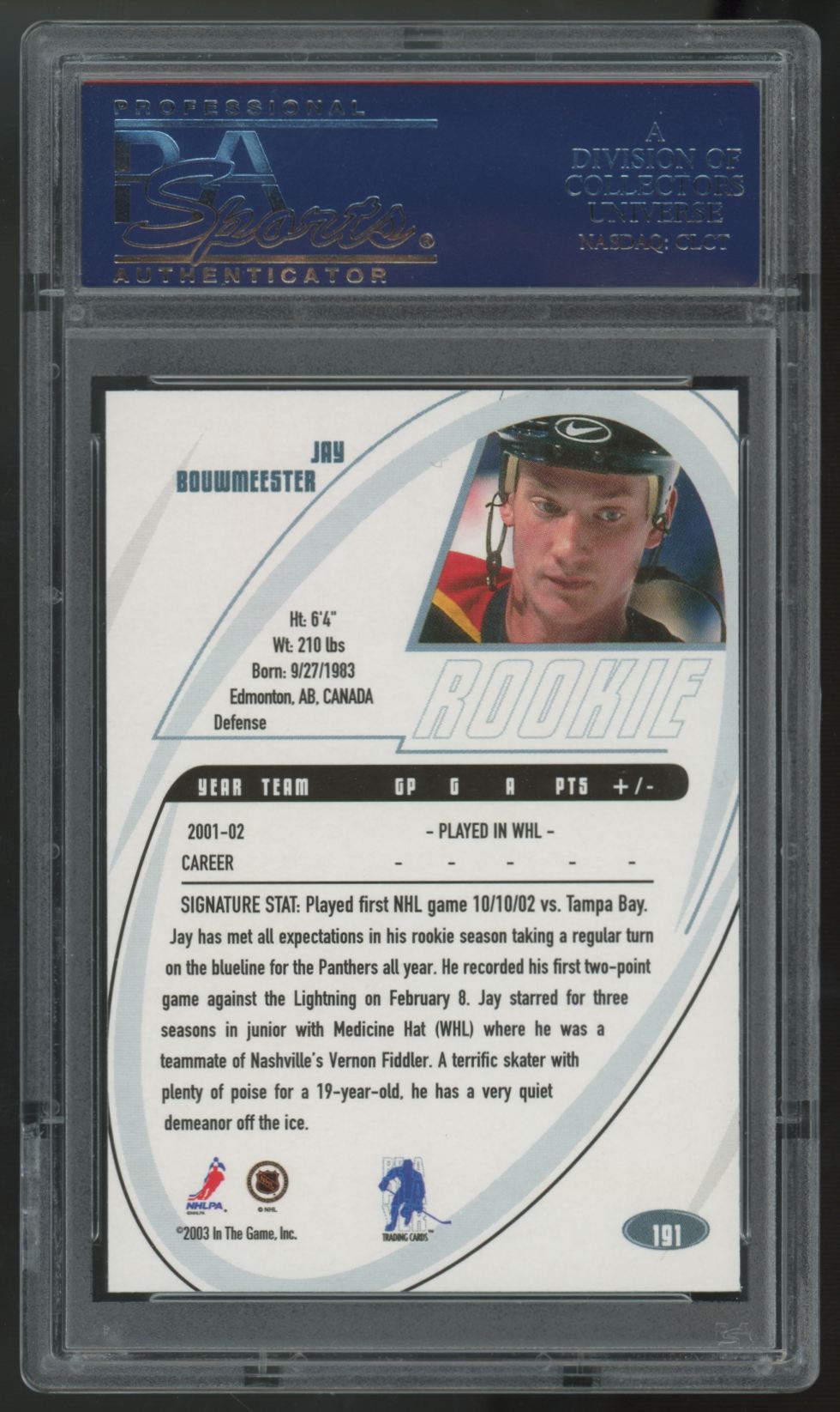2002-03 Be A Player Jay Bouwmeester RC Signature Series #191 PSA 10