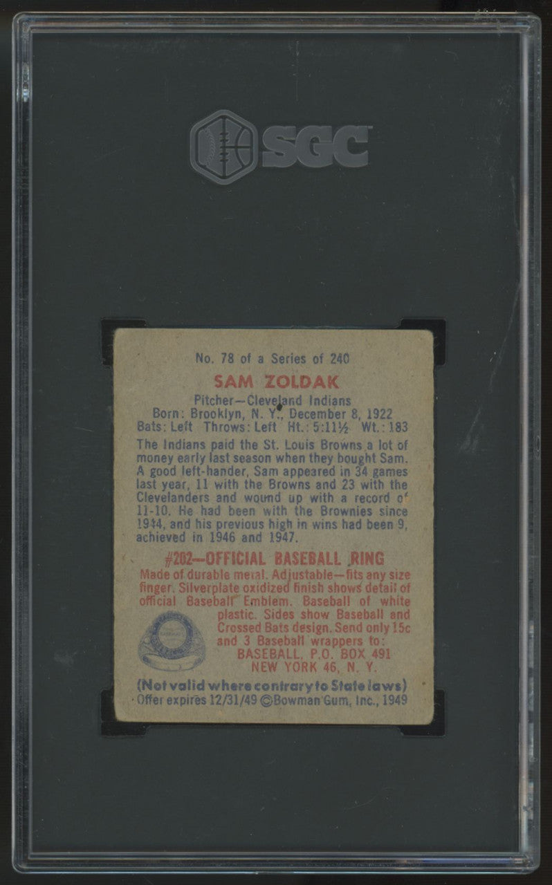 1949 Bowman Sam Zoldak No Name On Front #78 SGC 4