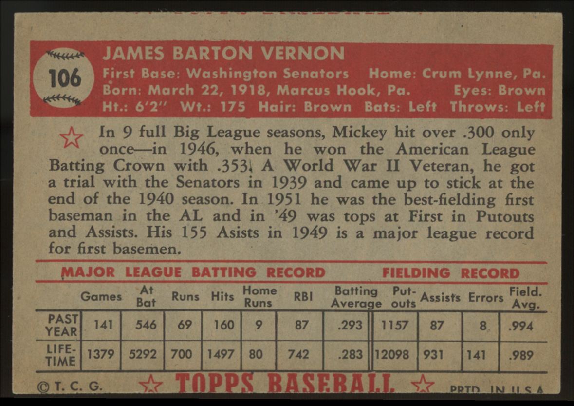 1952 Topps Mickey Vernon #106 EX