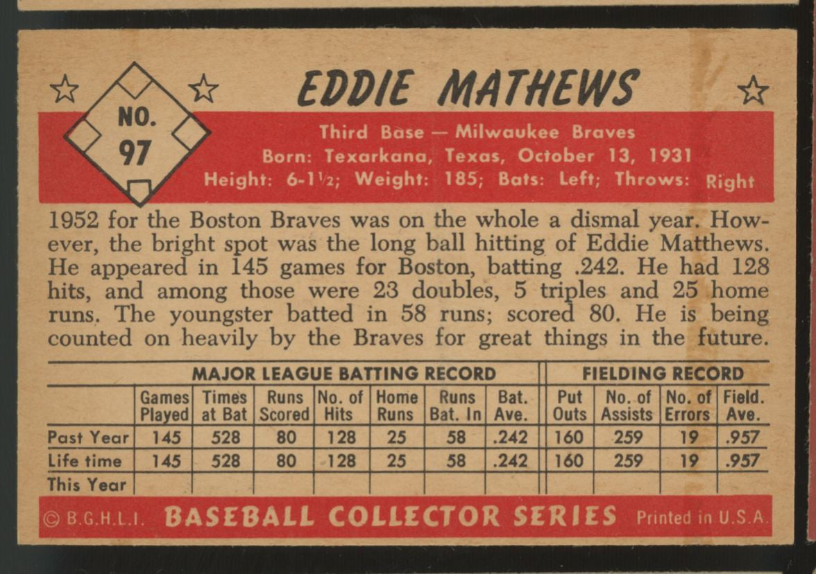 1953 Bowman Color Eddie Mathews #97 EX