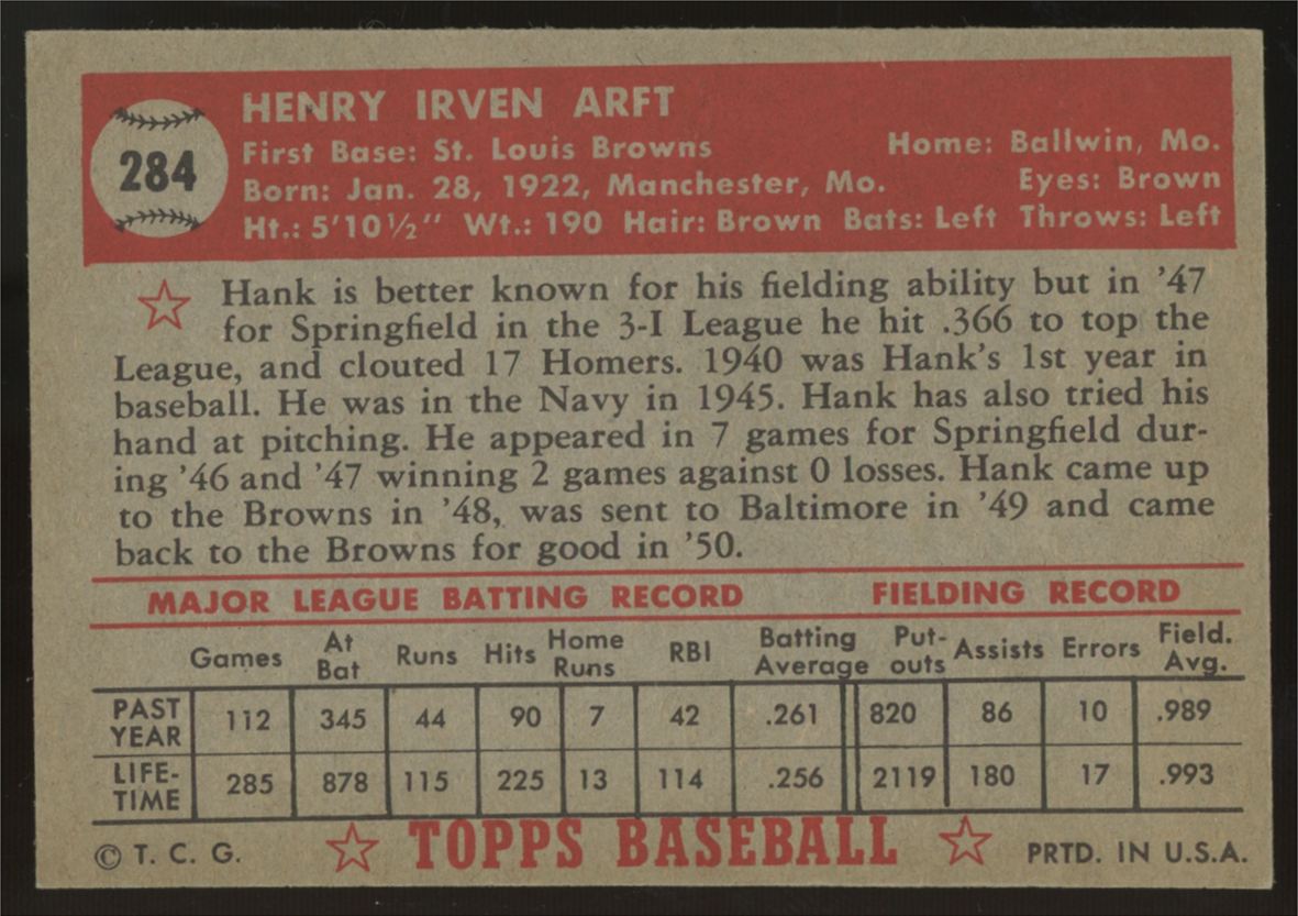 1952 Topps Hank Arft #284 NM