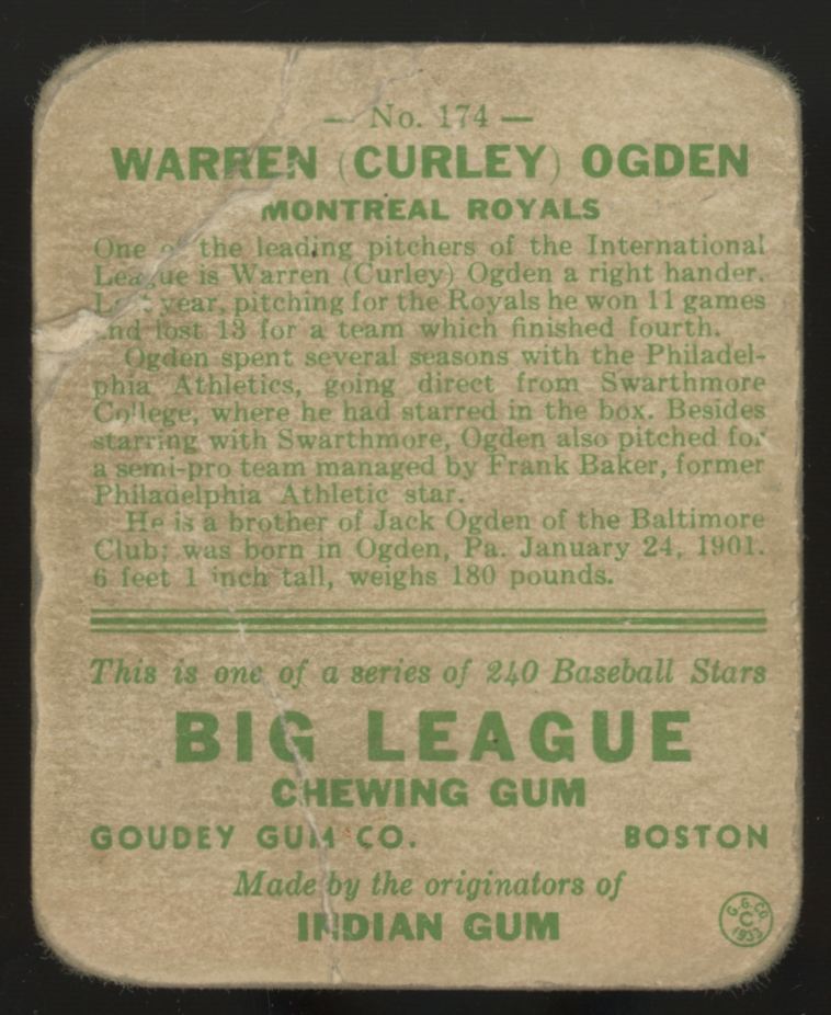1933 Goudey Warren "Curley" Ogden #174 Poor