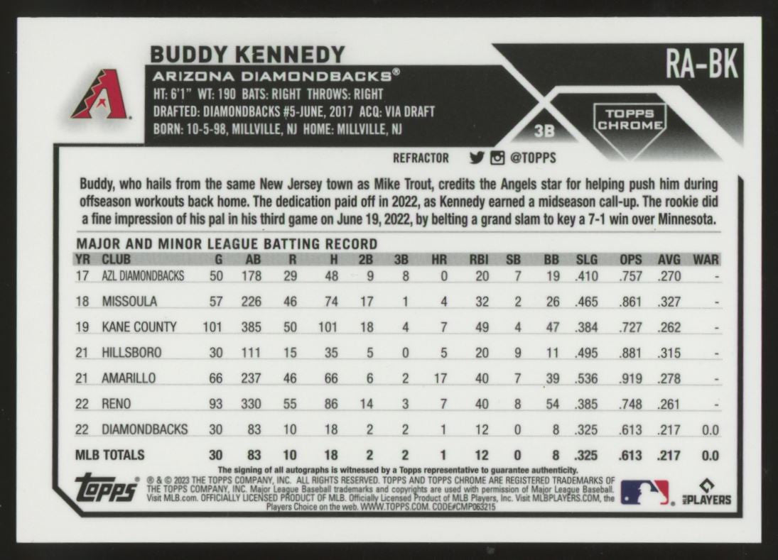 2023 Topps Chrome Buddy Kennedy RC Refractor Auto /499 #RA-BK