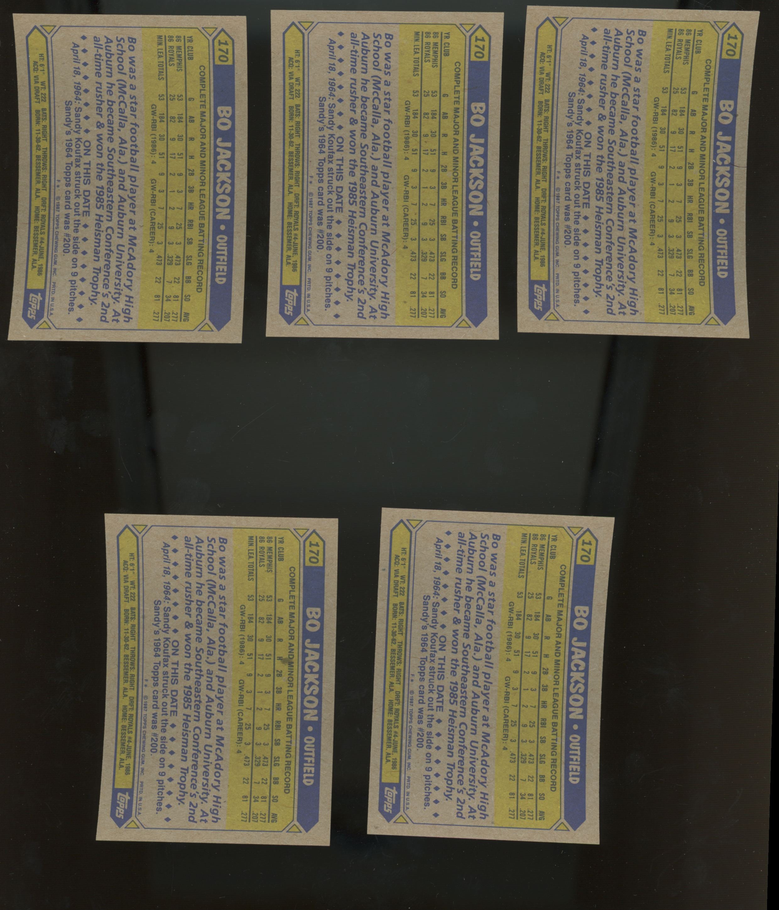 1987 Topps Bo Jackson RC #170 Lot of 25 NM-MT "A"