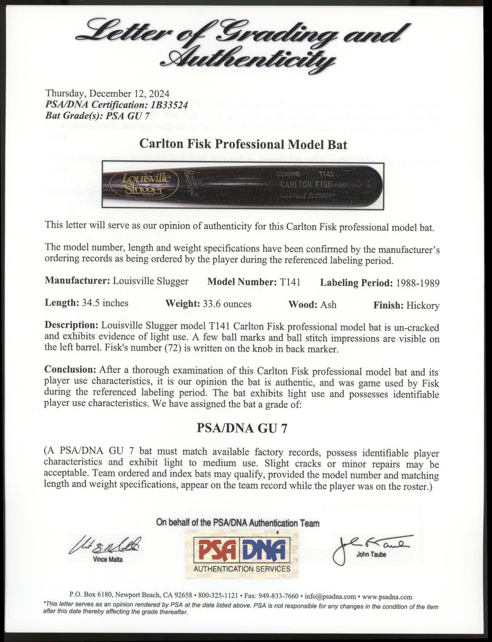Carlton Fisk Game Used Professional Model Louisville Slugger Bat PSA/DNA GU 7