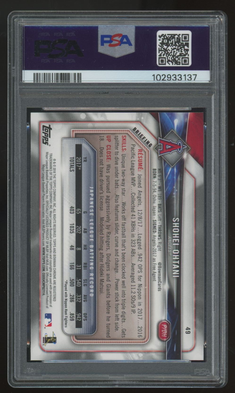 2018 Bowman Shohei Ohtani RC #49 PSA 9 *137