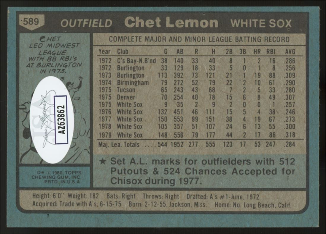 1980 Topps Chet Lemon #589 Signed Auto JSA