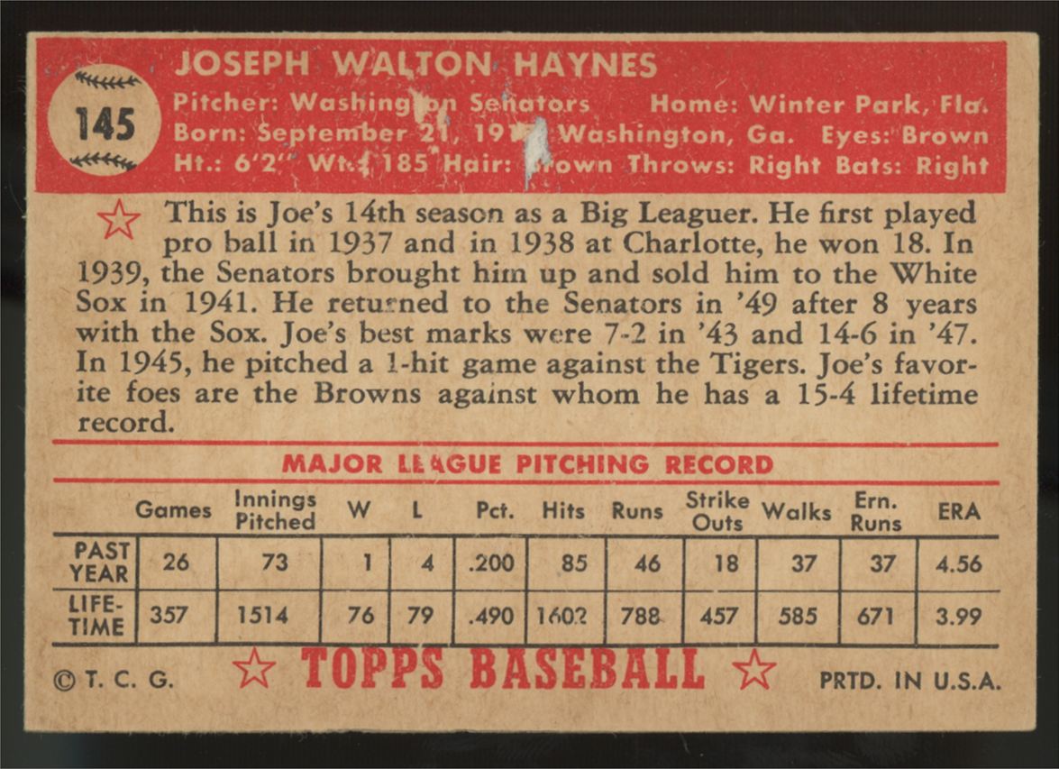 1952 Topps Joe Haynes #145 VG/EX