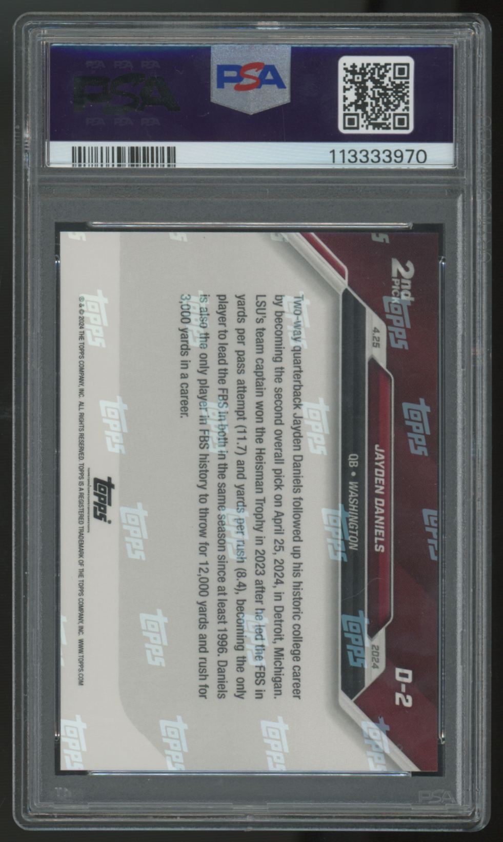 2024 Topps Now Jayden Daniels RC 2nd Overall Pick #D-2 PSA 10