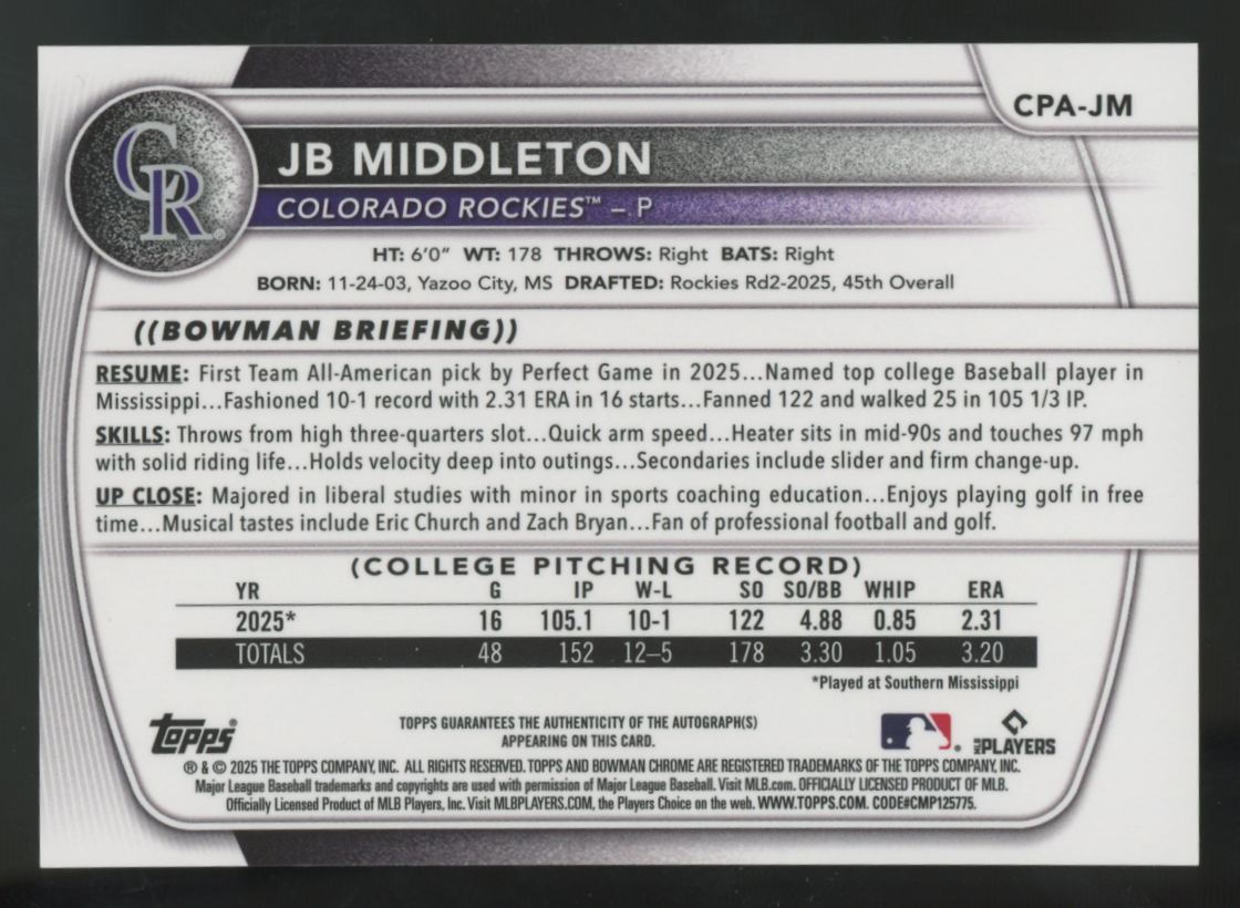 2025 Bowman Draft JB Middleton 1st Chrome Prospect Yellow Auto /75 #CPA-JM