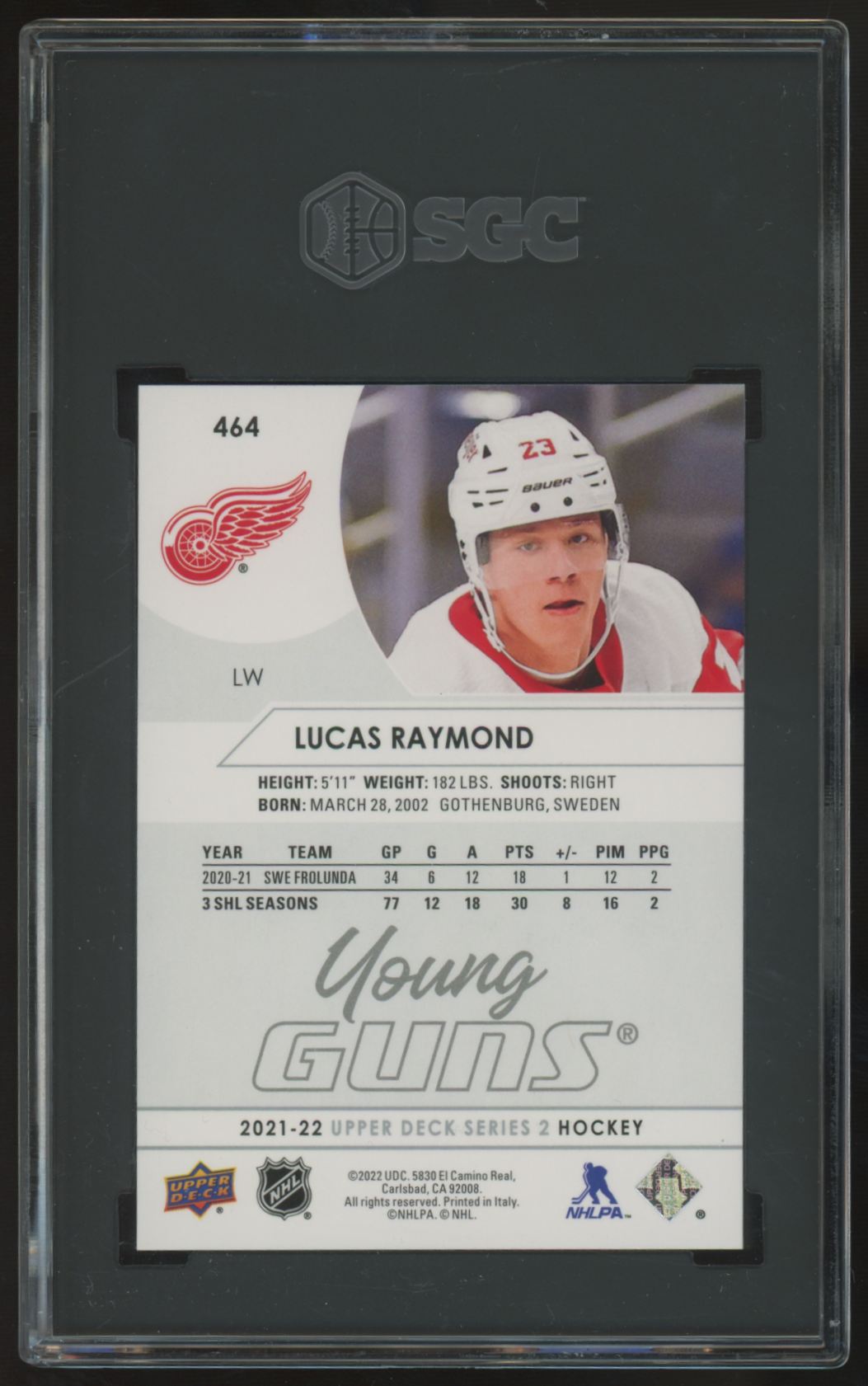 2021-22 Upper Deck Series Two Lucas Raymond RC Young Guns #464 SGC 10 *066