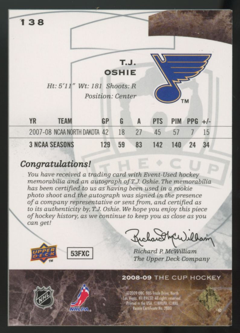 2008-09 Upper Deck The Cup T.J. Oshie RC Patch Auto RPA /249 #138