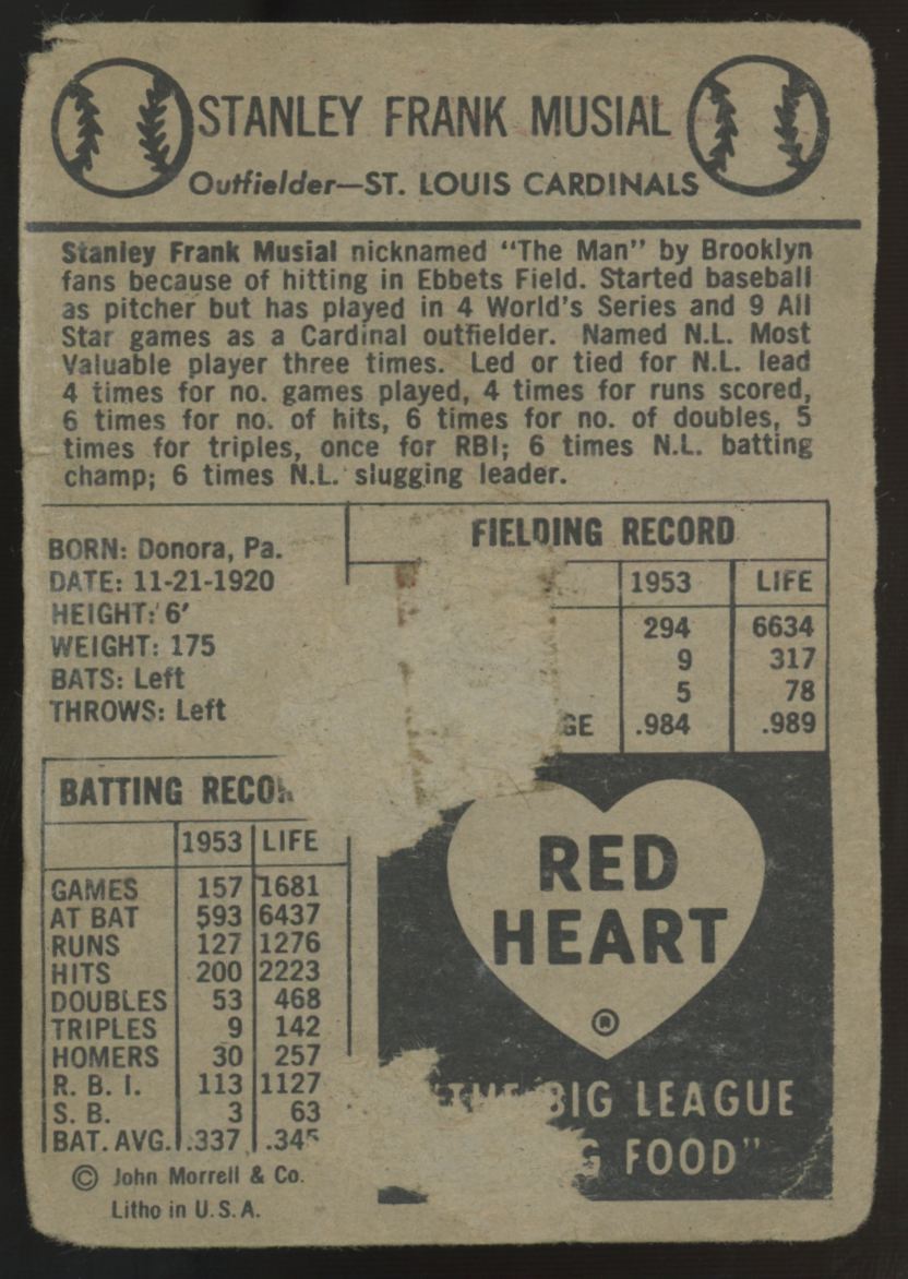 1954 Red Heart Stan Musial Poor (Paper Loss)