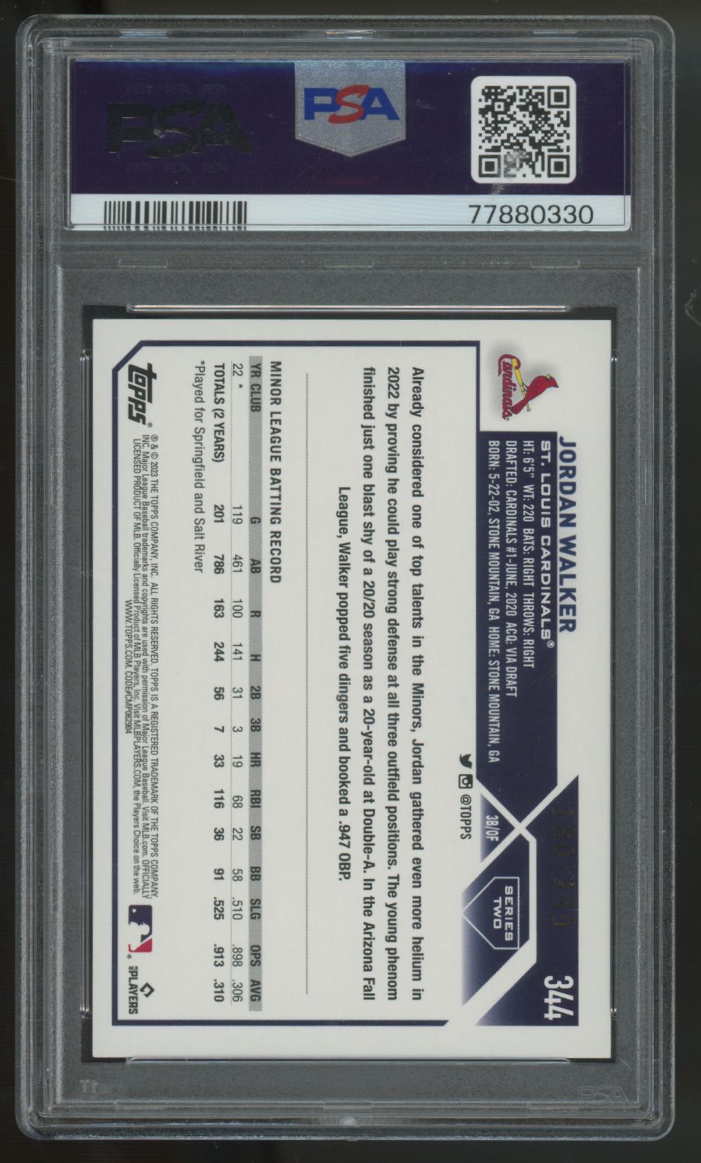 2023 Topps Jordan Walker RC Orange Foil /299 #344 PSA 9