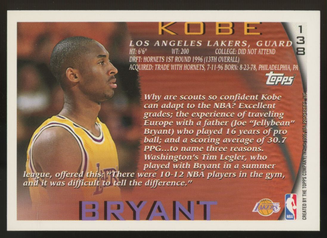 1996-97 Topps Kobe Bryant RC #138 NM-MT "A"