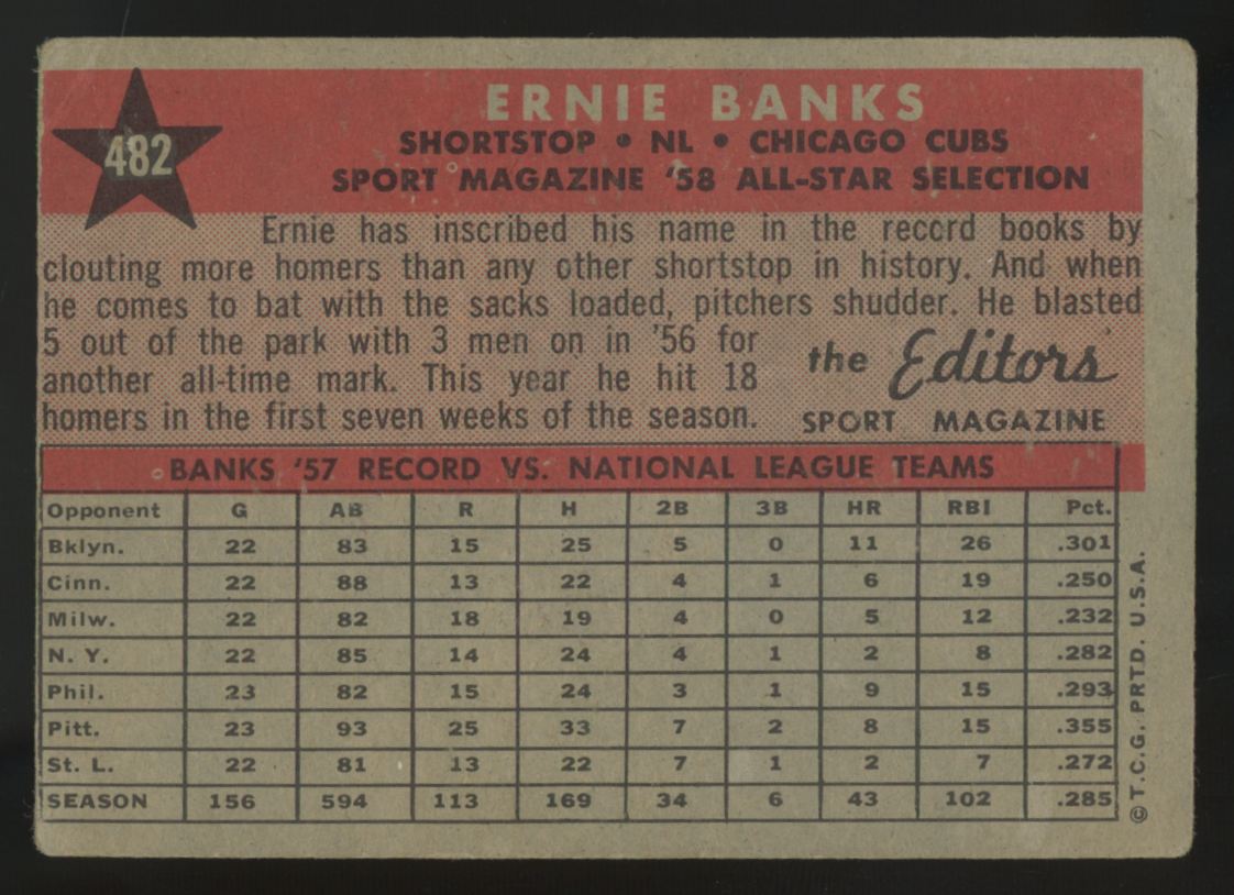 1958 Topps Ernie Banks All Star #482 VG "A"