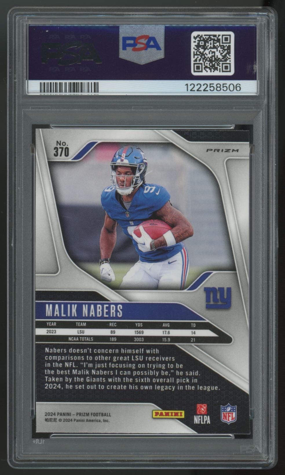 2024 Panini Prizm Malik Nabers RC Orange Lazer #370 PSA 10