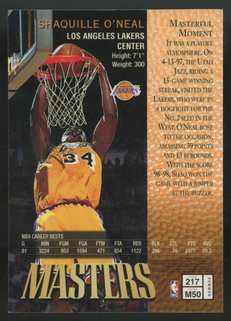 1997-98 Topps Finest Shaquille O'Neal Masters W/Coating #217
