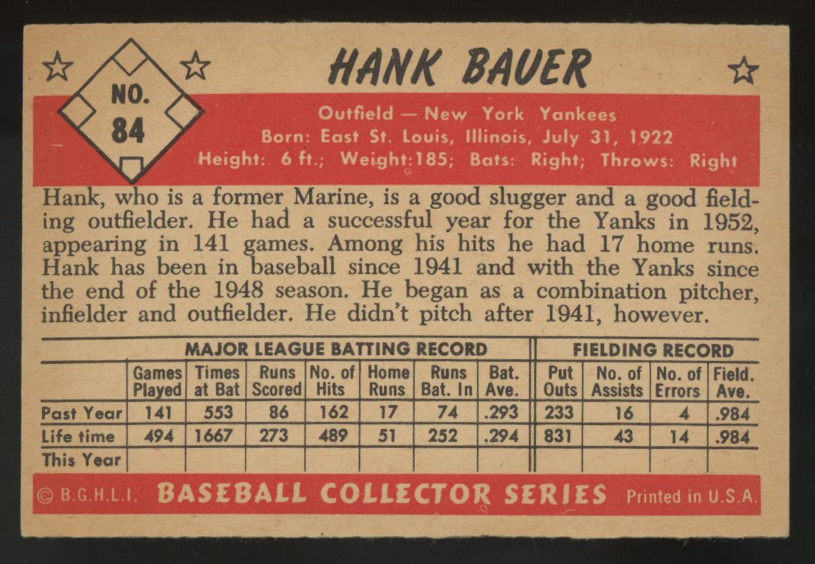 1953 Bowman Color Hank Bauer #84 EX