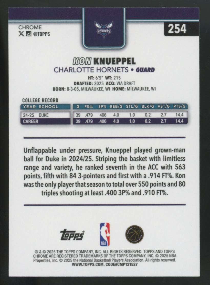 2025-26 Topps Chrome Kon Knueppel RC X-Fractor #254