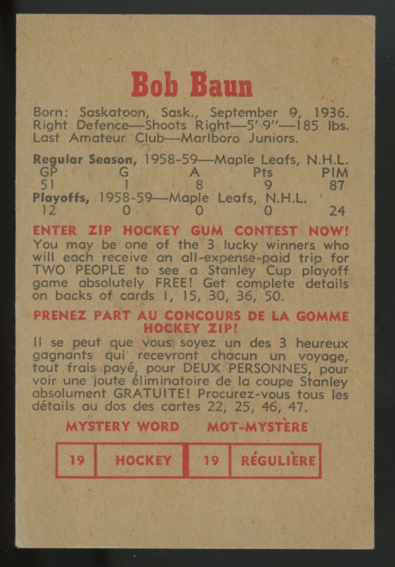 1959-60 Parkhurst Bobby Baun #21 EX