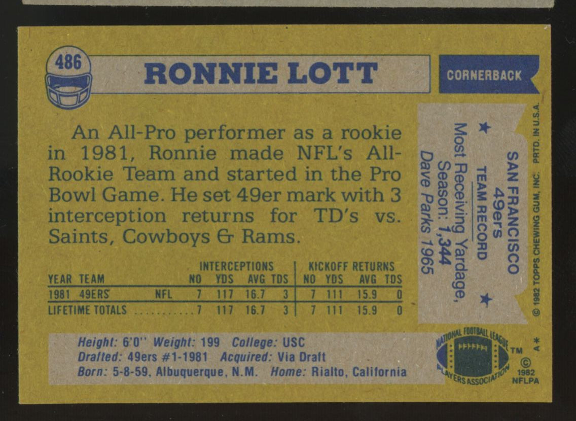 1982 Topps Ronnie Lott RC #486 NM