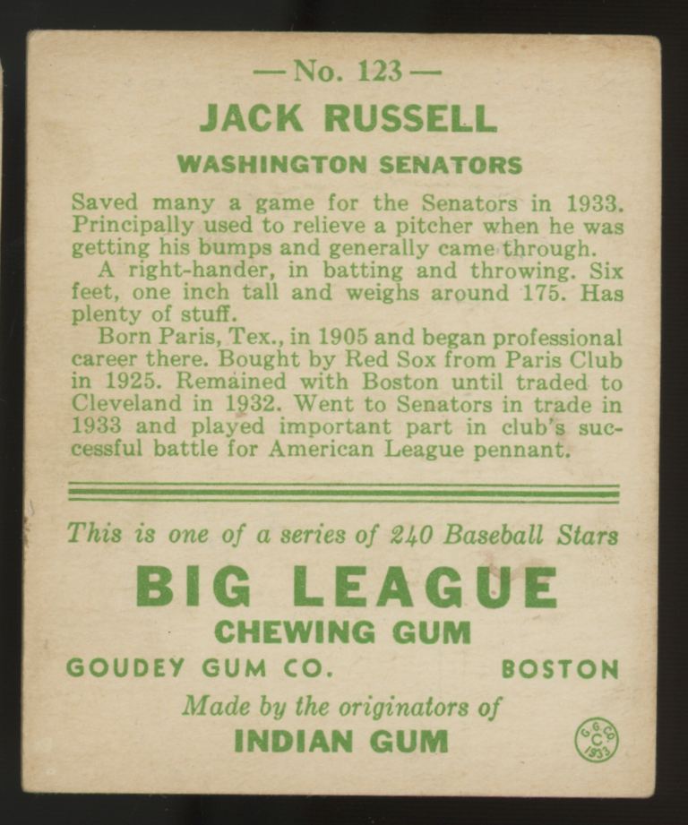 1933 Goudey Jack Russell #123 VG/EX-EX