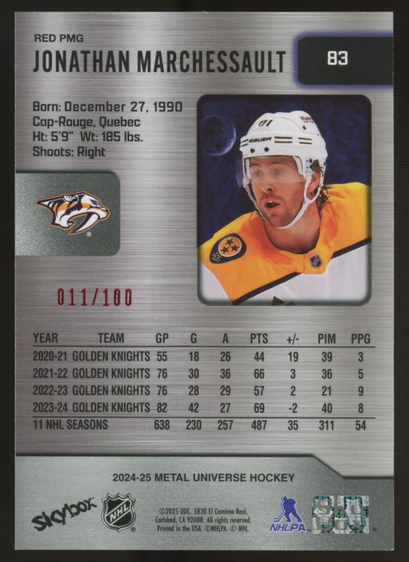 2024/25 SkyBox Metal Universe Jonathan Marchessault Red PMG /100 #83