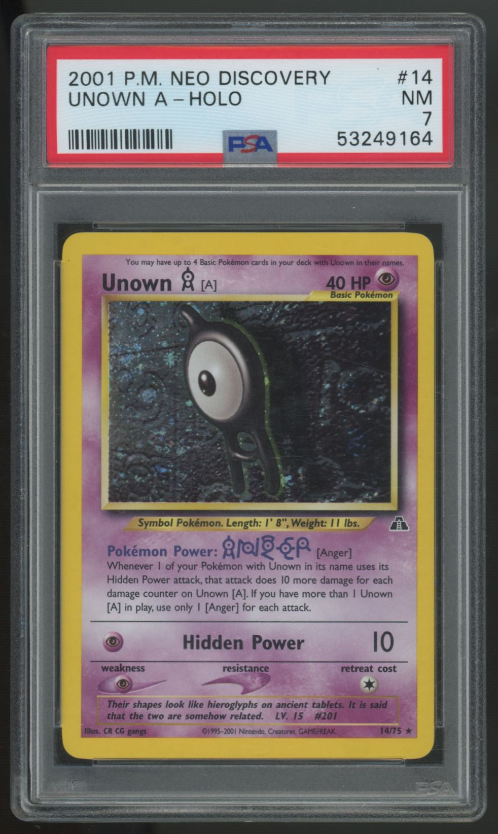 2001 Pokemon Unown [A] Neo Discovery Holo #14 PSA 7