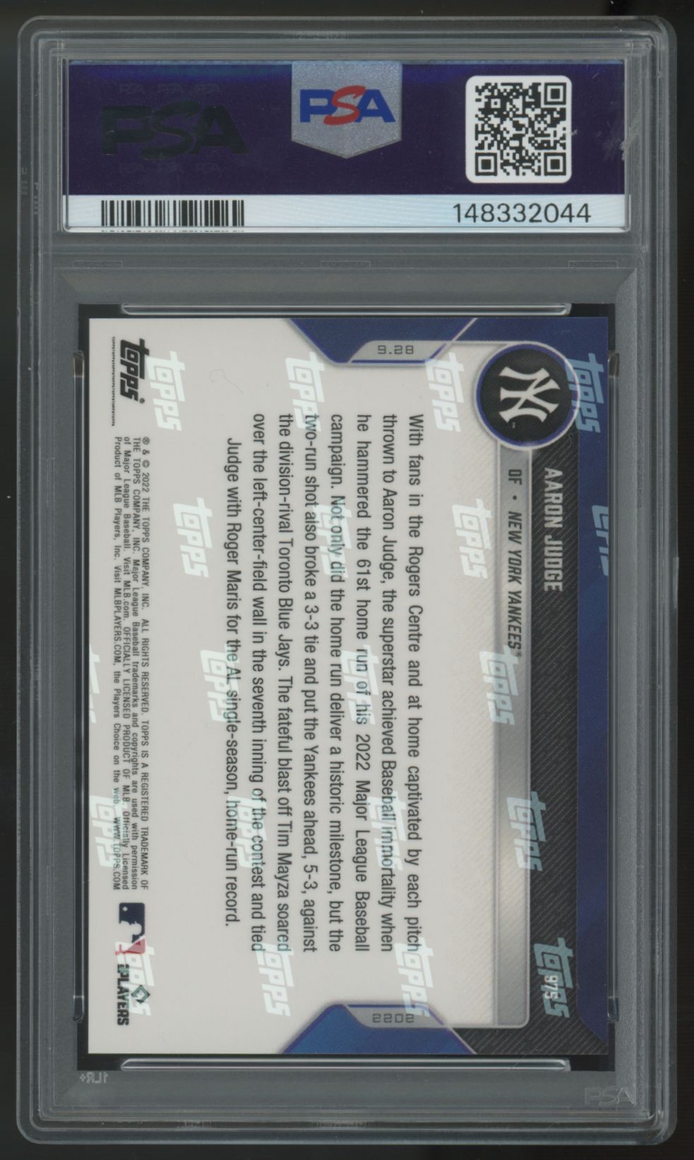 2022 Topps Now Aaron Judge 61'st HR #975 PSA 10 *044