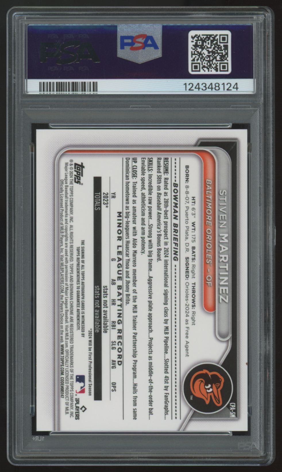 2024 Bowman Chrome Stiven Martinez 1st Prospect Speckle Auto /299 #CPA-SM PSA 9