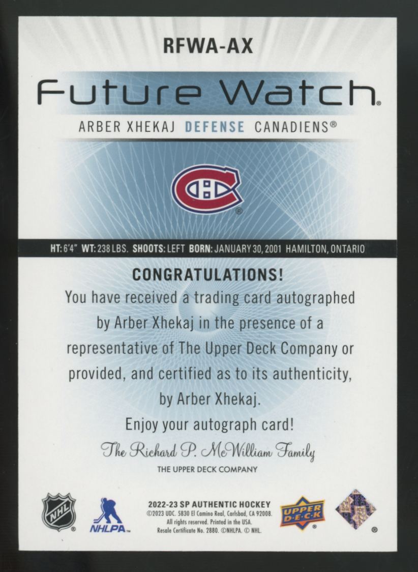 2022-23 SP Authentic Arber Xhekaj RC Future Watch Auto /699 #RFWA-AX