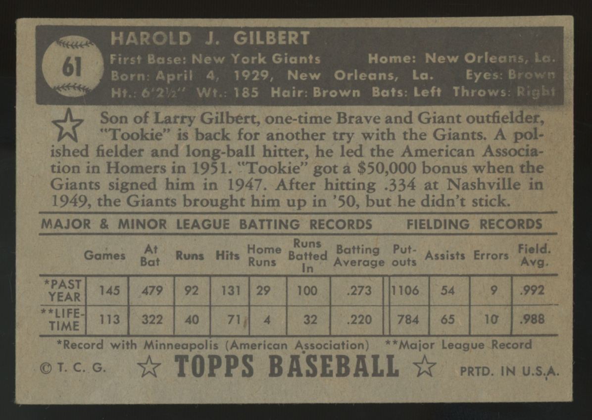 1952 Topps "Tookie" Gilbert Black Back #61 VG/EX