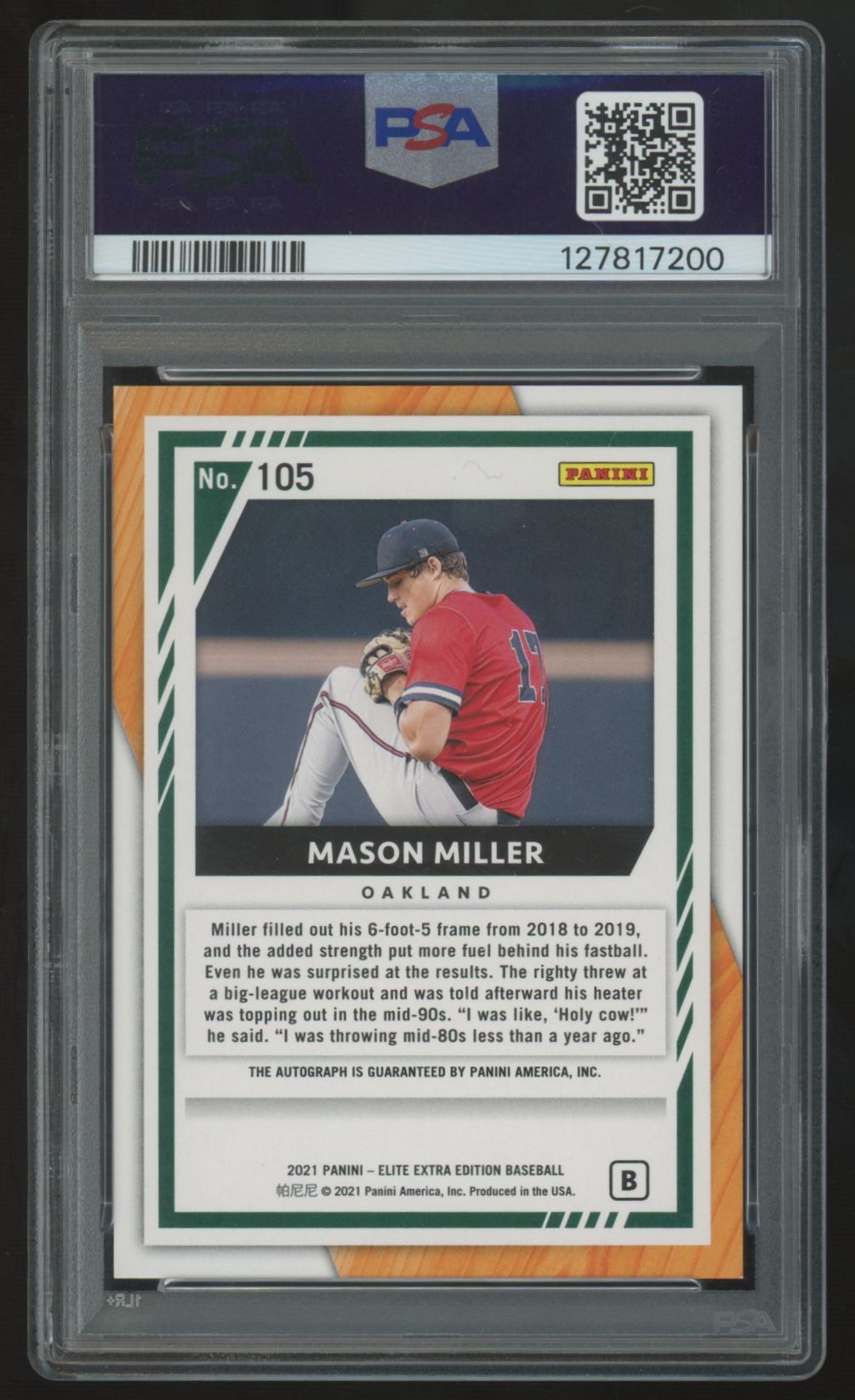 2021 Elite Extra Edition Mason Miller Prime Numbers B Auto /77 #105 PSA 9