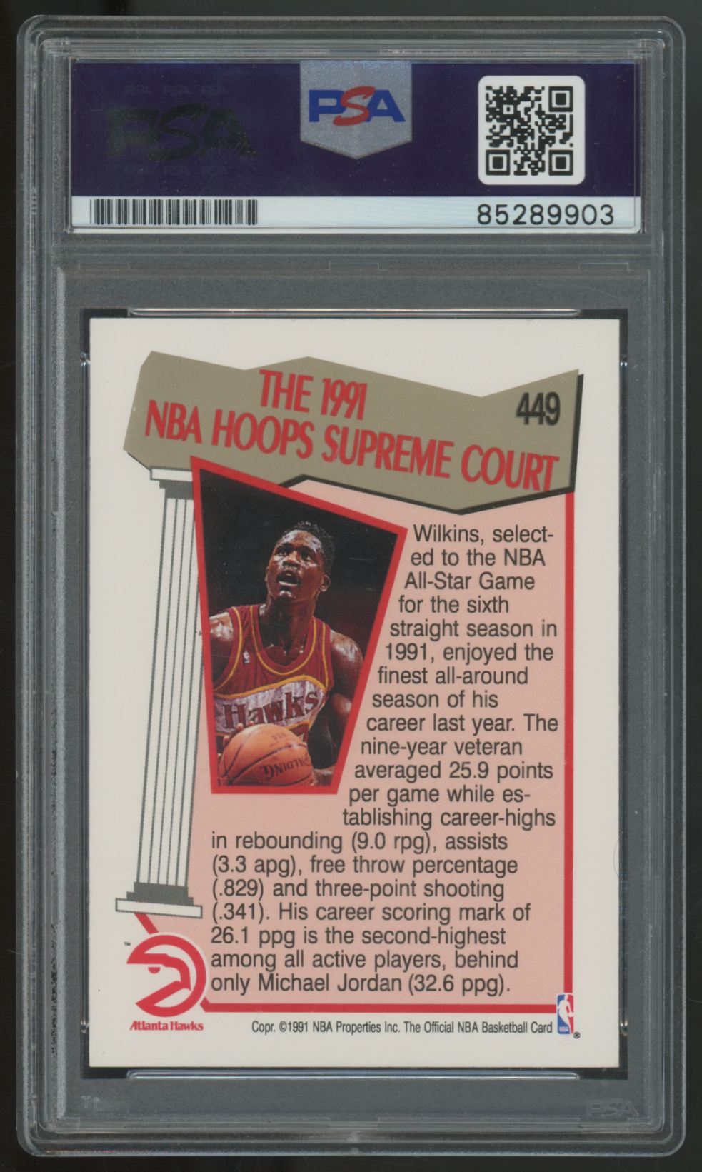 1991-92 NBA Hoops Supreme Court Dominique Wilkins Signed Auto #449 PSA Authentic