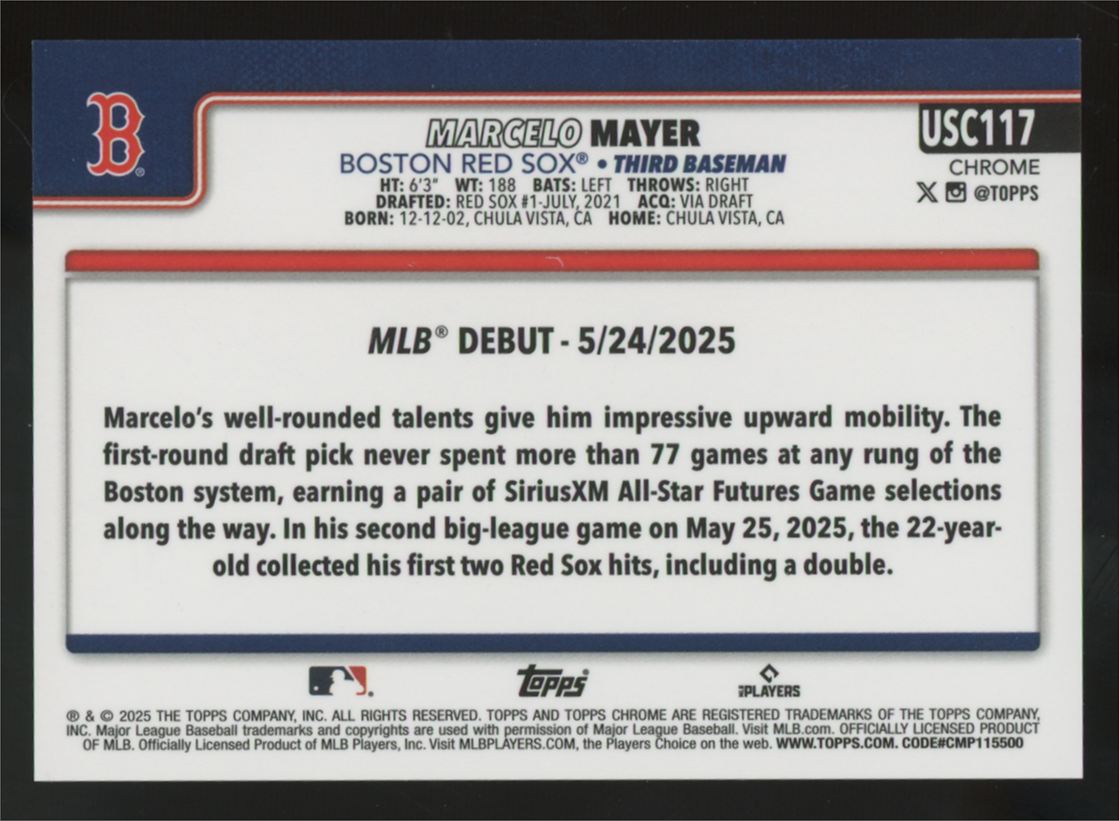 2025 Topps Chrome Update Marcelo Mayer RC Orange Refractor /25 #USC117