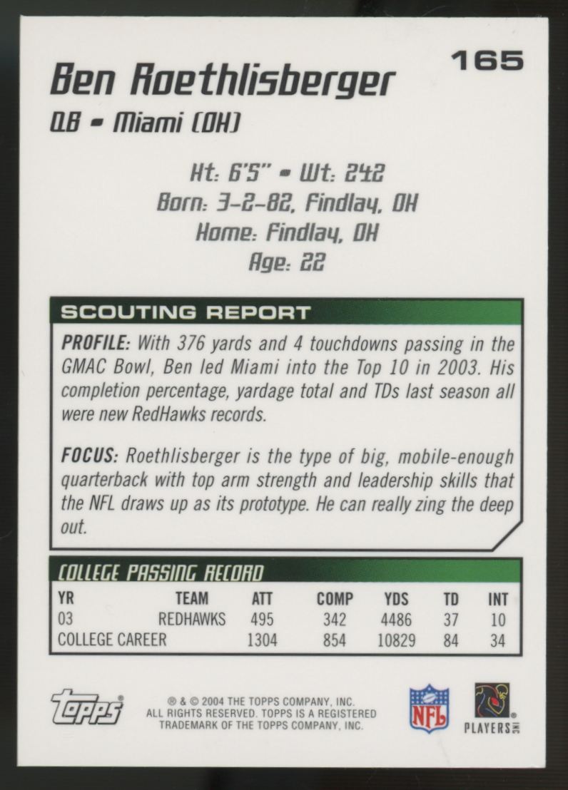 2004 Topps Draft Picks And Prospects Ben Roethlisberger RC #165