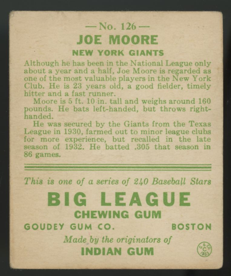 1933 Goudey Joe Moore #126 VG-EX