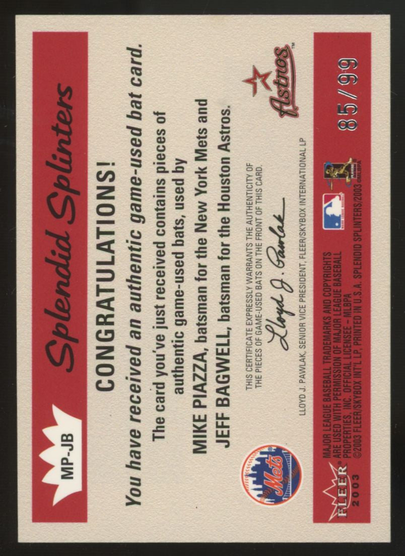 2003 Fleer Splendid Splinters Piazza Bagwell Dual Bat Relic /99 #MP-JB